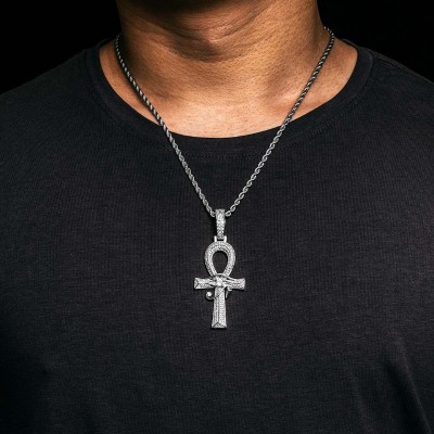 Iced Eye of Horus Ankh Pendant in White Gold