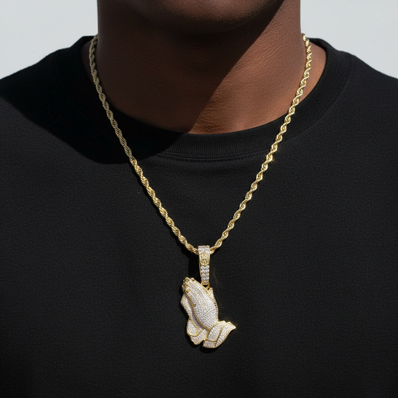 Iced Praying Hands Pendant in Gold