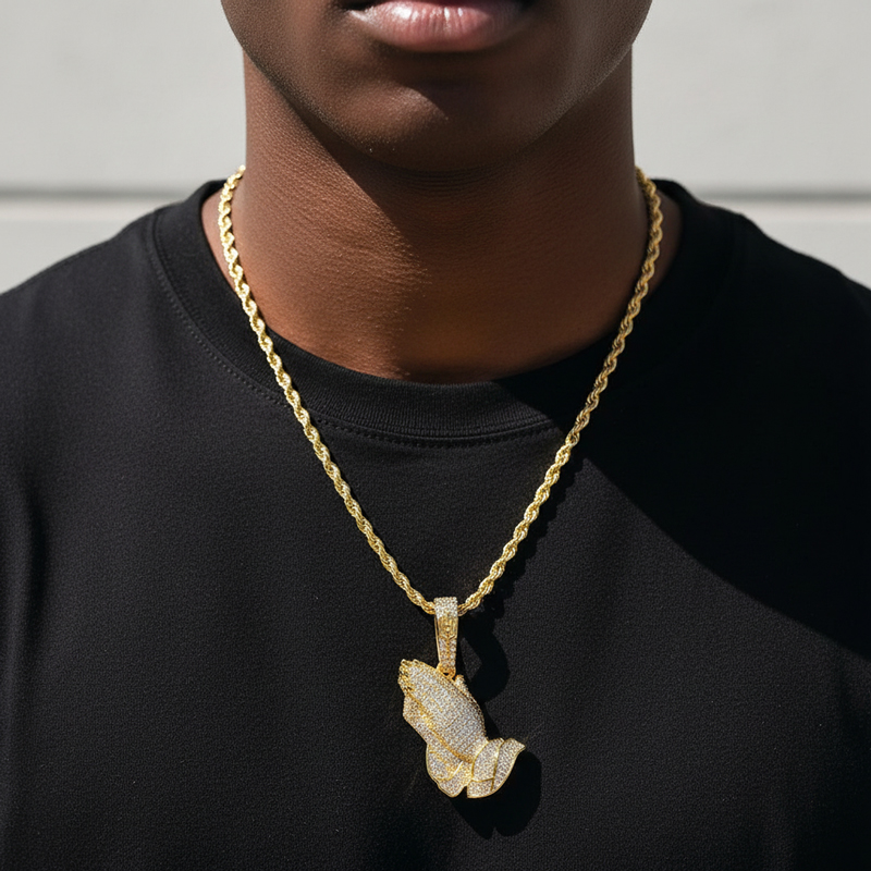 Iced Praying Hands Pendant in Gold