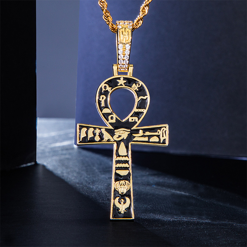 Egyptian Ankh Cross with Hieroglyphs Pendant in Gold