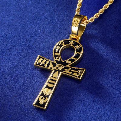 Egyptian Ankh Cross with Hieroglyphs Pendant in Gold