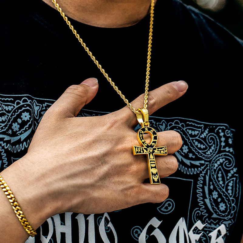 Egyptian Ankh Cross with Hieroglyphs Pendant in Gold