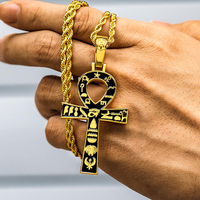 Egyptian Ankh Cross with Hieroglyphs Pendant in Gold