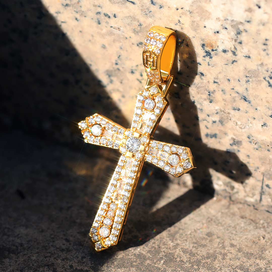 Baguette & Round Stones Cross Pendant in Gold