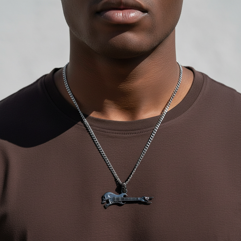 Rock Gestures Skeleton Guitar Pendant in Black Gold