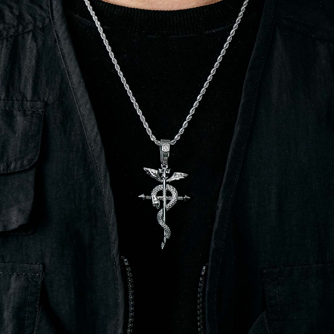 Detached Wings Cross with Snake Greek Caduceus Pendant