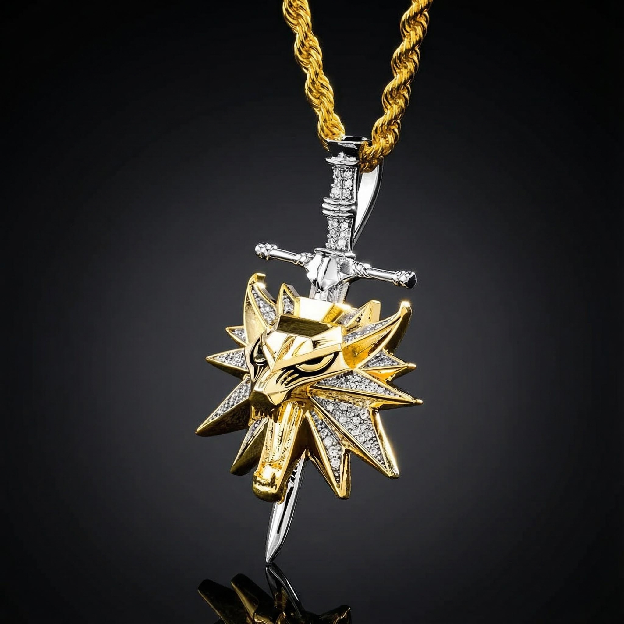 Iced Monster Hunter Wolf Head Sword Pendant Iced Monster Hunter Wolf Head Sword Pendant