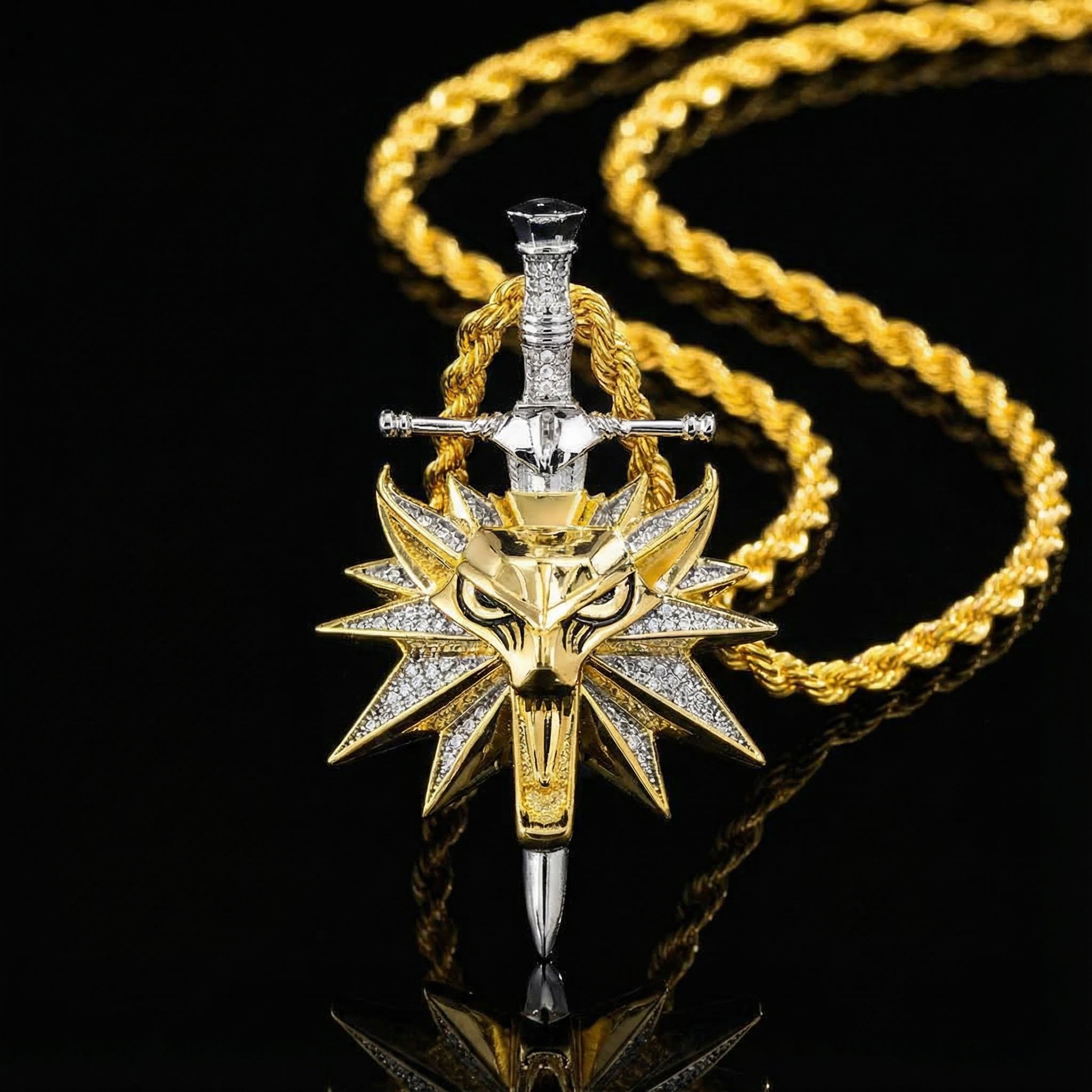 Iced Monster Hunter Wolf Head Sword Pendant Iced Monster Hunter Wolf Head Sword Pendant