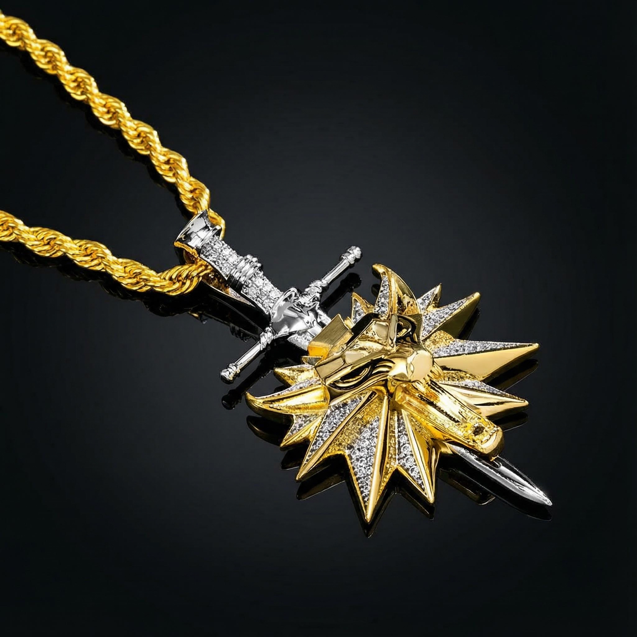 Iced Monster Hunter Wolf Head Sword Pendant Iced Monster Hunter Wolf Head Sword Pendant