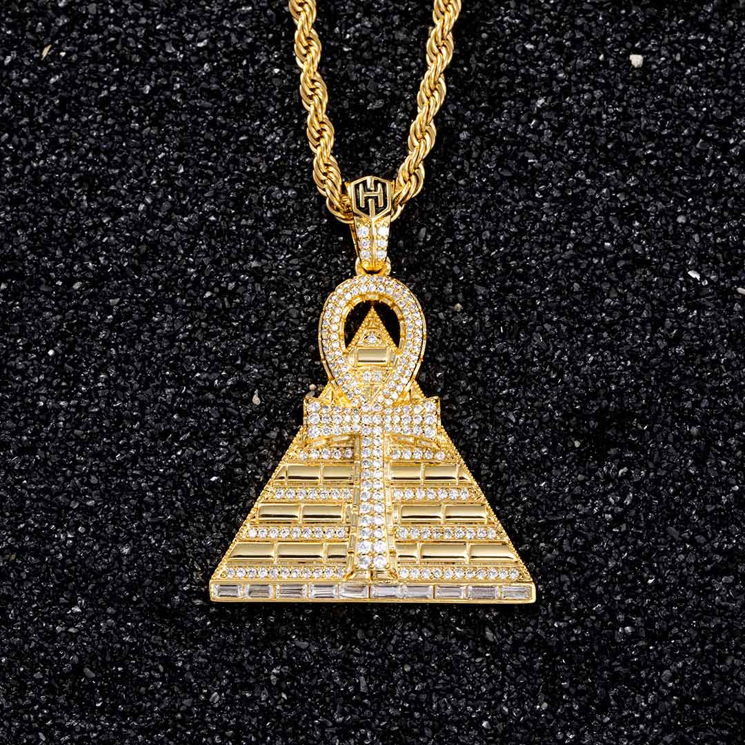 Iced Ankh Pyramid Pendant in Gold