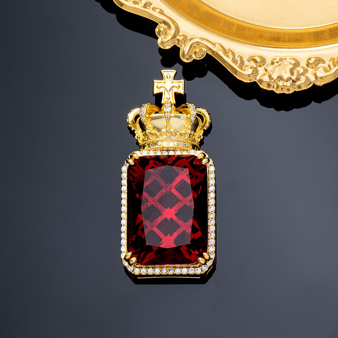  Iced Crown Ruby Cube Pendant