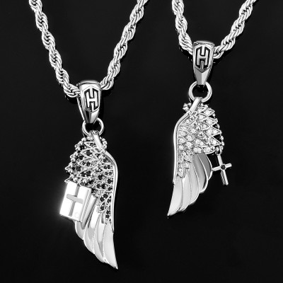  2pcs Couple Iced Angel Wings with Cross Pendant