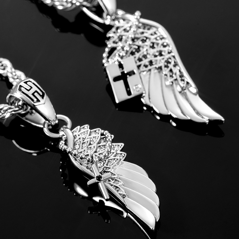  2pcs Couple Iced Angel Wings with Cross Pendant
