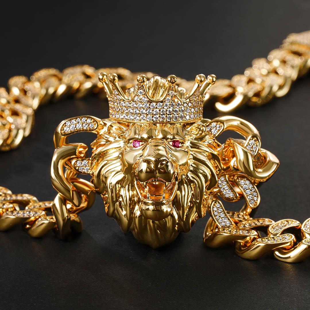 Iced Handset King Crown Lion Cuban Necklace in Gold