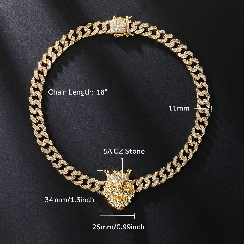 Iced Handset King Crown Lion Cuban Necklace in Gold
