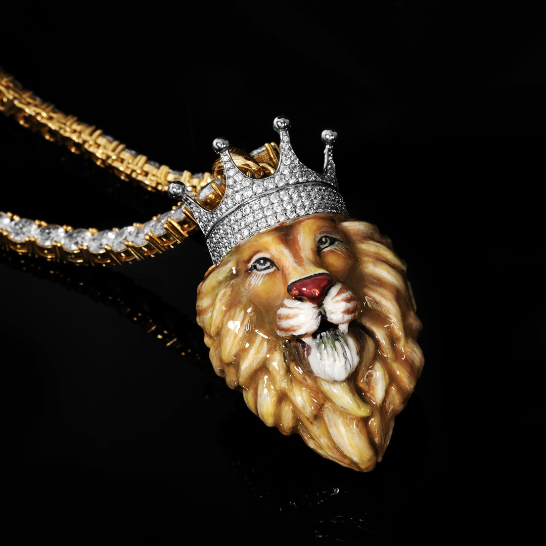 Hand-painted Enamel Iced King Crown Lion Pendant