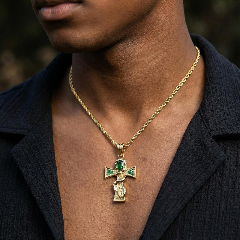 Oval-cut Emerald Cross Snake Pendant Oval-cut Emerald Cross Snake Pendant