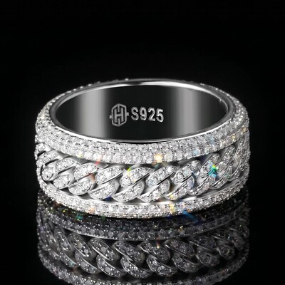Micro Paved Moissanite Rotatable Cuban Link Ring in S925 Silver