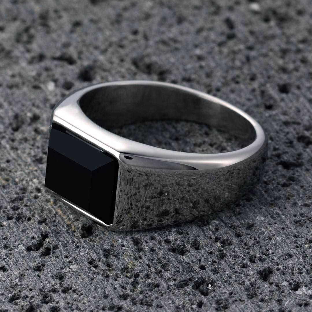 Vintage Square Black Agate Stainless Steel Ring