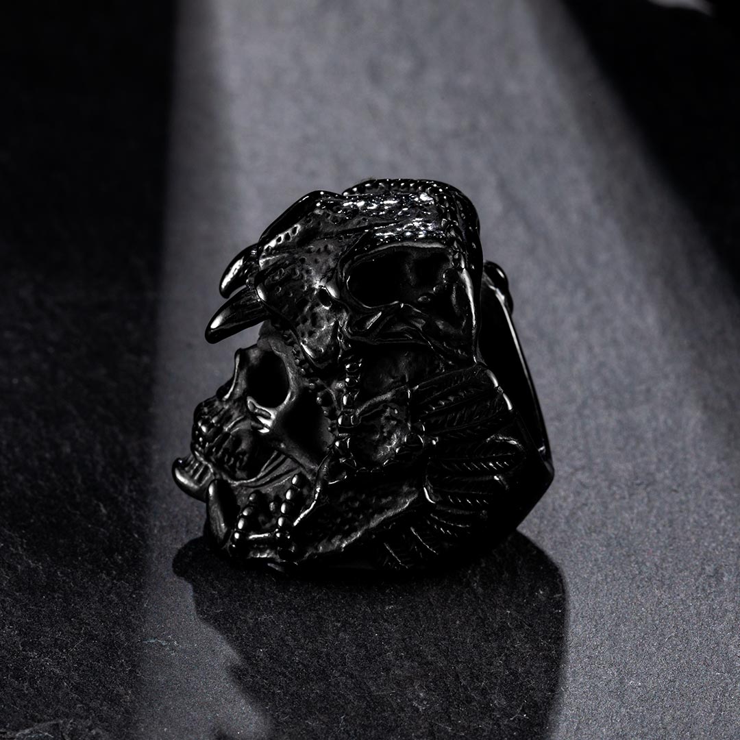 Indian Jaguar Skull Stainless Steel Ring in Black