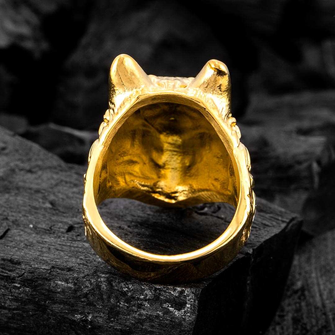Vintage Wolf Stainless Steel Ring in Gold