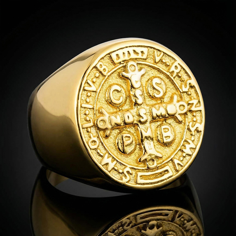 ST. Benedict Stainless Steel Ring in Gold