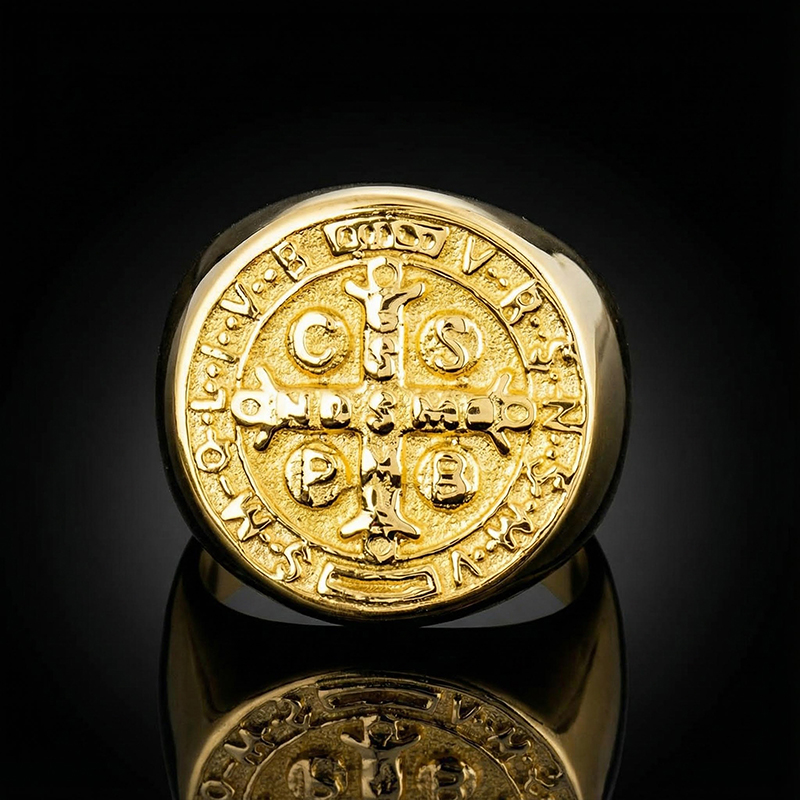 ST. Benedict Stainless Steel Ring in Gold