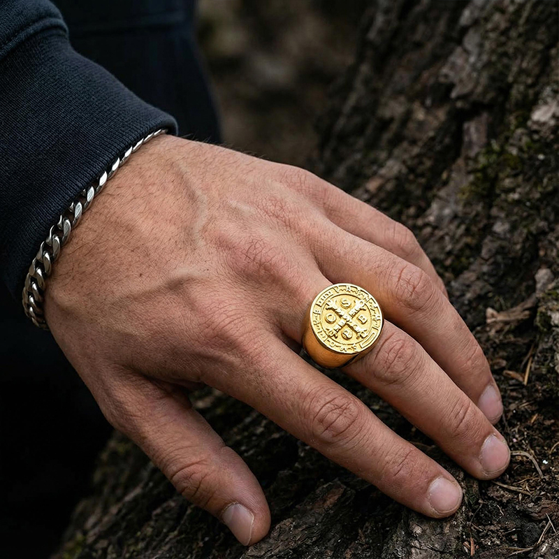 ST. Benedict Stainless Steel Ring in Gold