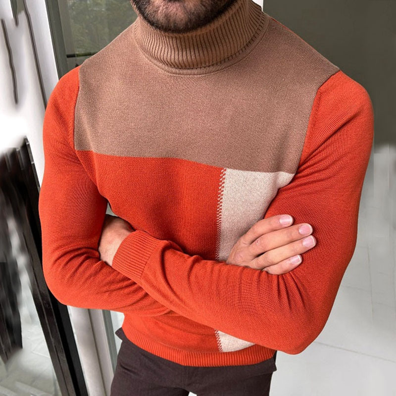 Men's Turtleneck Knitted Bottoming Contrast Color Sweater