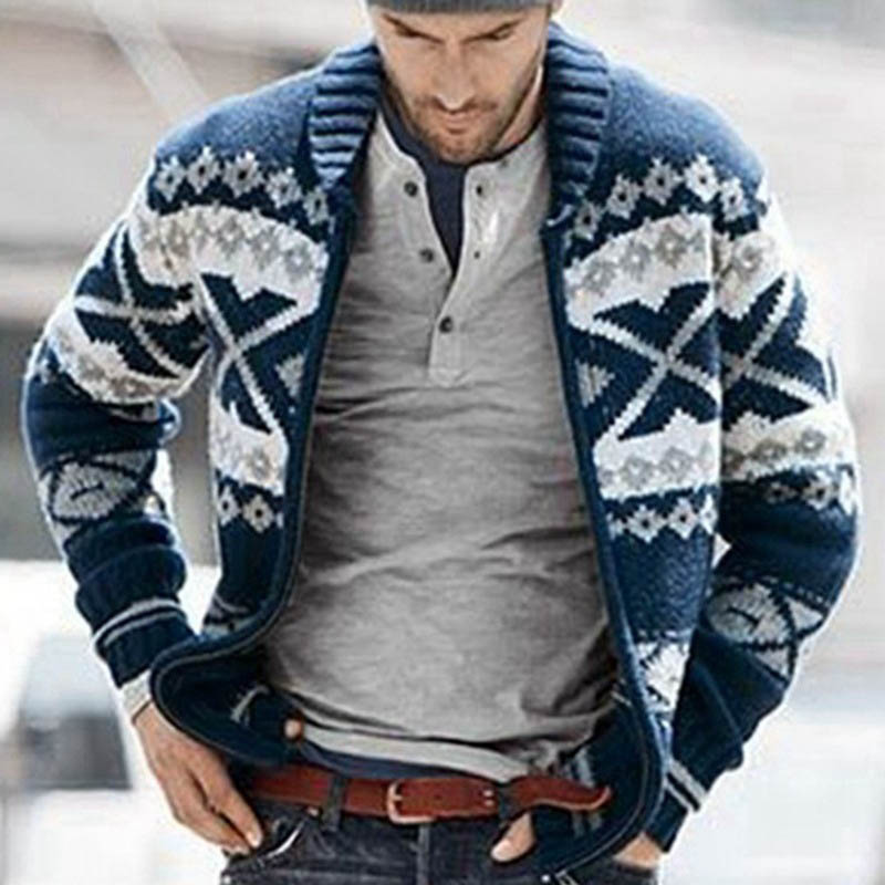 Fashion Lapel Zip Cardigan Sweater Jacquard Knit Sweater
