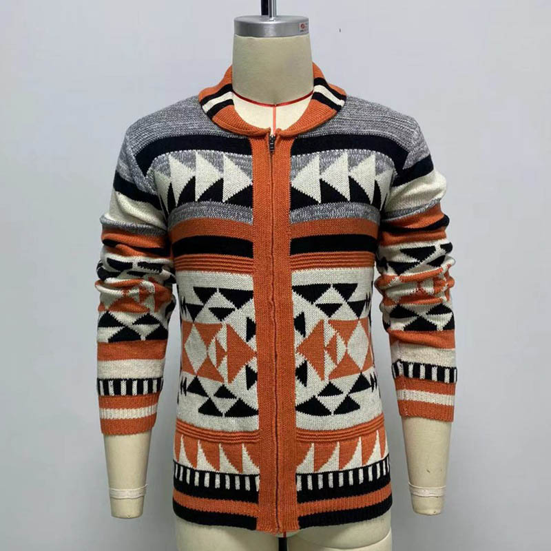 Long Sleeve Lapel Jacquard Zip Cardigan Sweater
