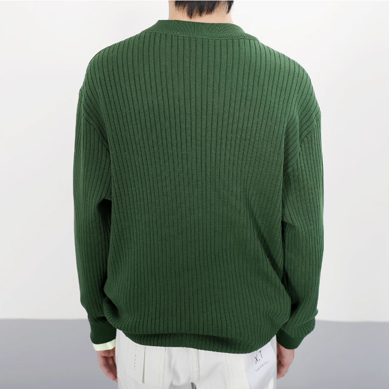 Solid Color Striped Henley Neck Sweater