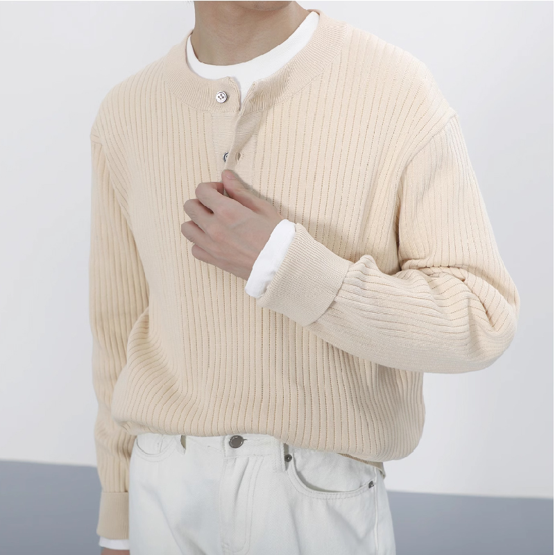 Solid Color Striped Henley Neck Sweater