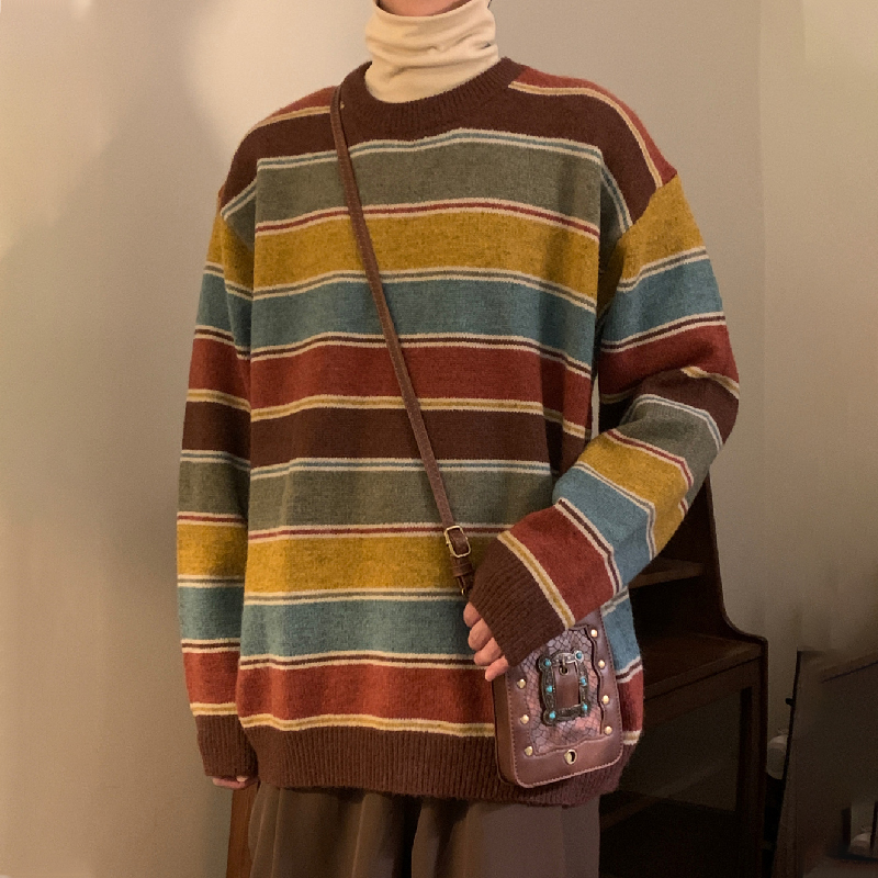 Retro Preppy Rainbow Striped Crew Neck Sweater