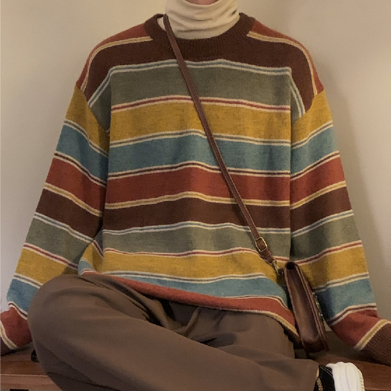 Retro Preppy Rainbow Striped Crew Neck Sweater