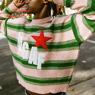 Star Letter Embroidered Striped Crew Neck Sweater