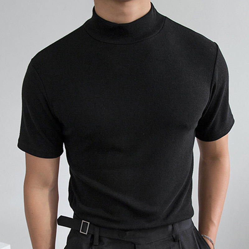 Men's Fashion High Collar Solid Color Short Sleeve T-shirt