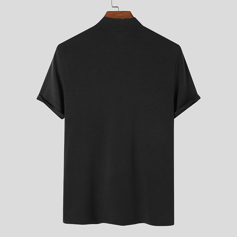 Men's Fashion High Collar Solid Color Short Sleeve T-shirt