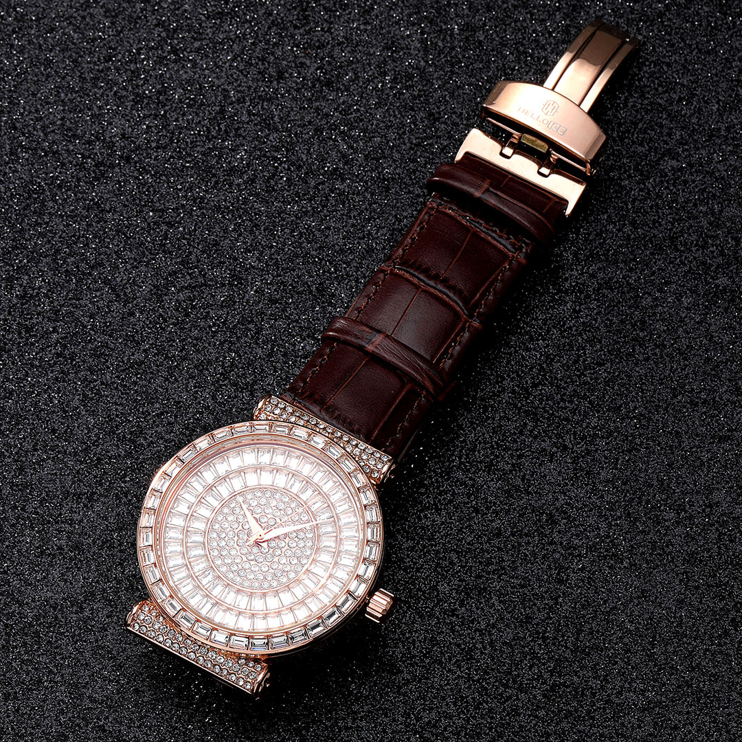  Baguette Cut Dial Watch with Genuine Leather Strap in Rose Gold
