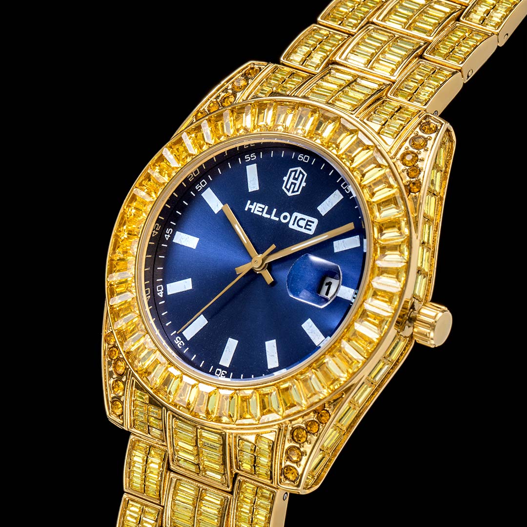 40mm Yellow Baguette Cut Blue Dial Watch in Gold