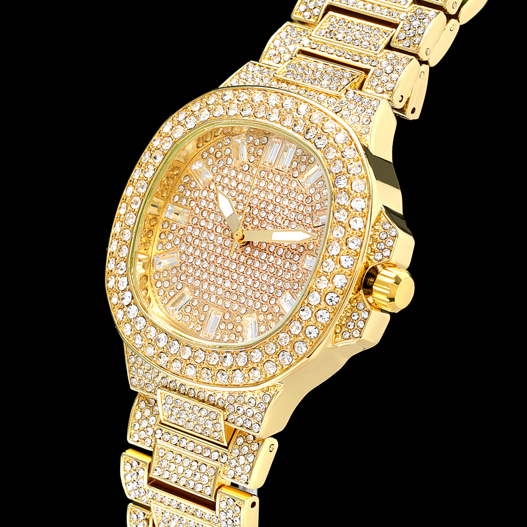 Iced Porthole Shape Luminous Watch in Gold