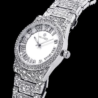 Iced Nugget Style Roman Numerals Watch in White Gold
