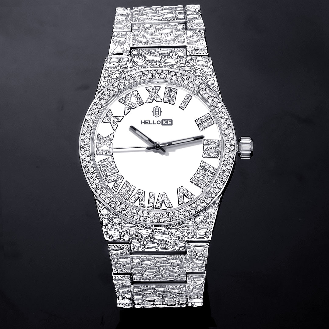 Iced Nugget Style Roman Numerals Watch in White Gold