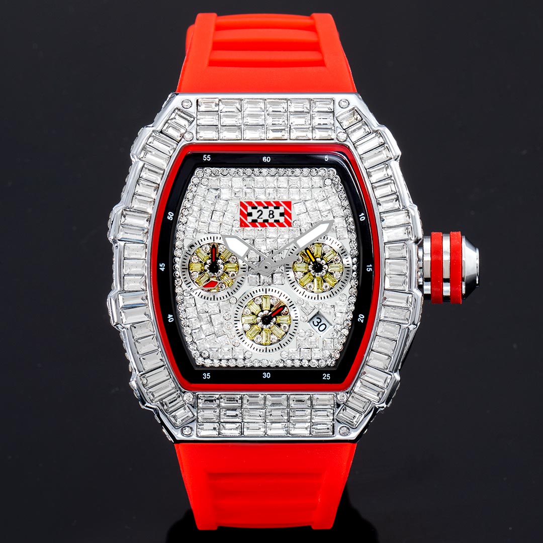  Baguette Cut Men's Watch with Red Silicone Strap
