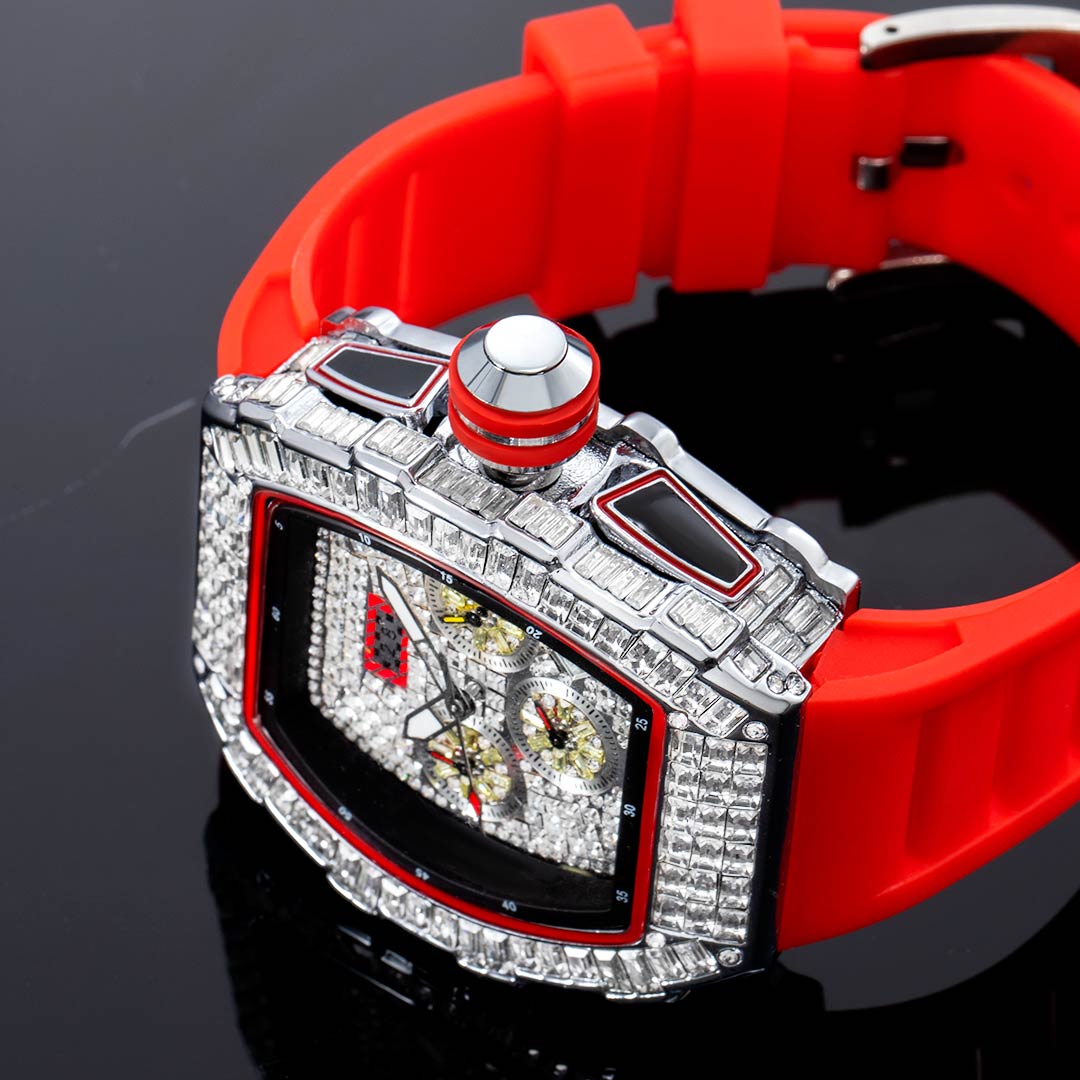  Baguette Cut Men's Watch with Red Silicone Strap
