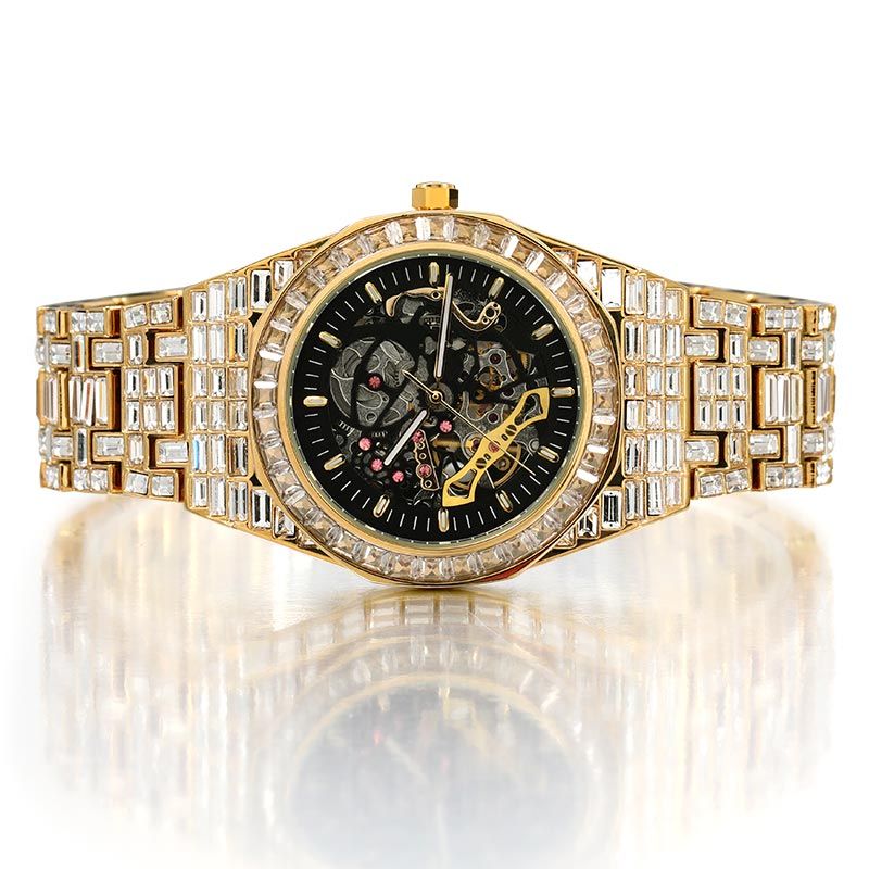  Iced Men's Mechanical Watch with Baguette Stones in Gold