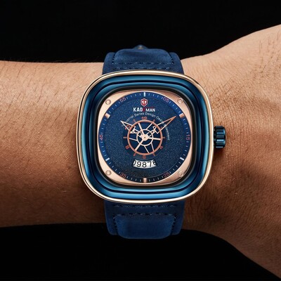 Square Arabic Numeral Men's Watch with Blue Leather Strap