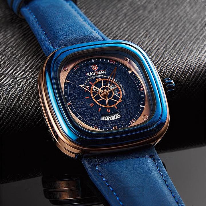 Square Arabic Numeral Men's Watch with Blue Leather Strap