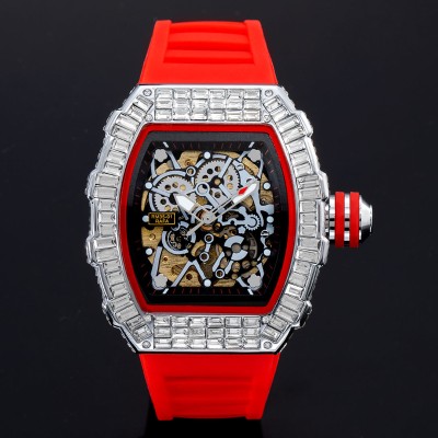 Baguette Cut Mechanical Men's Watch with Red Silicone Strap
