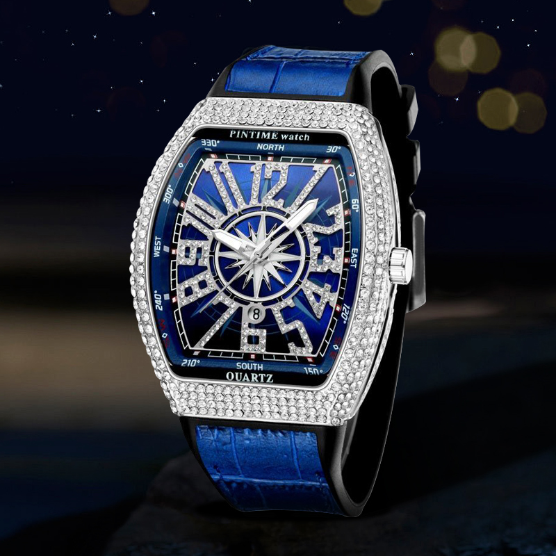 Men's Iced Arabic Numerals Watch with Blue Strap